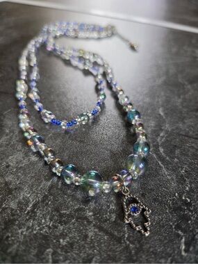 Iridescent Blue Glass Beaded Necklace with Hamsa Charm